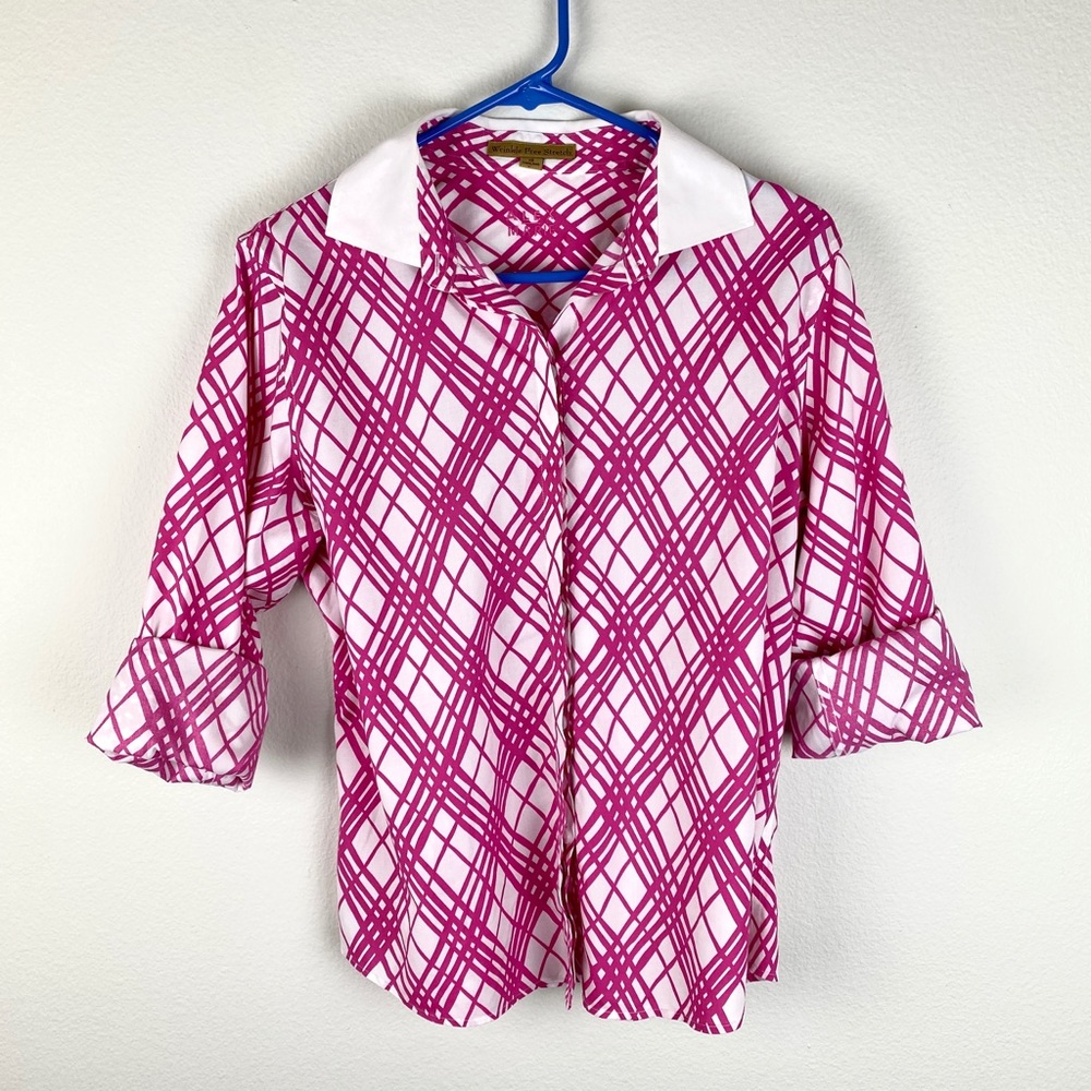 Alex Marie Size 12 Pink White Striped Button Up Wrinkle Free Shirt EUC